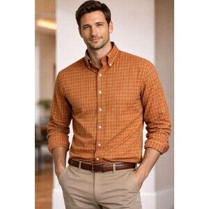 Bugatchi Uomo Button Down Shirt Men’s XXL Orange Check Long Sleeve Luxury Casual